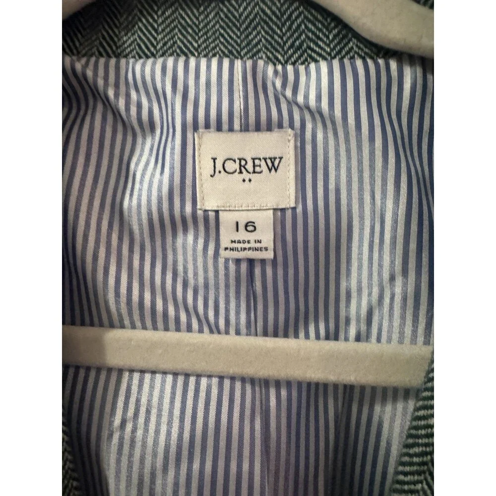 J. Crew Blazer Jacket Women's 16 Green Herringbone One Button Linen Cotton
